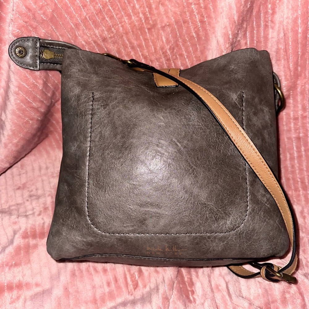 Nichole Miller NY Gray Crossbody Bag with Tan Strap
